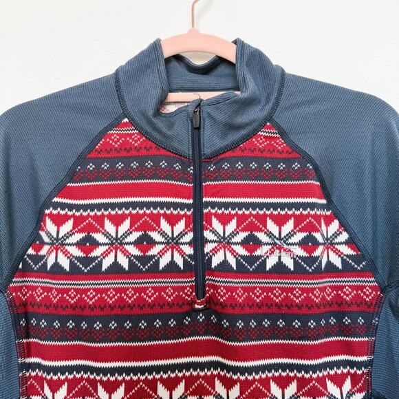 LL Bean Holiday Print Base Layer Long Sleeve Top Red Blue Womens‎ Size Medium - Picture 2 of 5